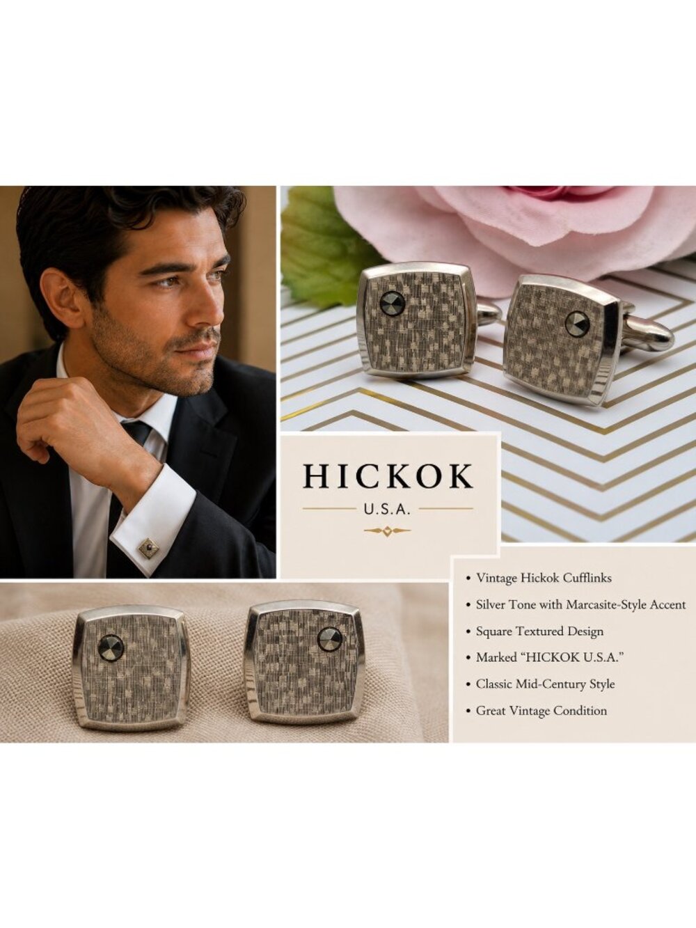 Vintage Hickok USA Cufflinks Gold Tone Marcasite Mid Century Square Classic .75"